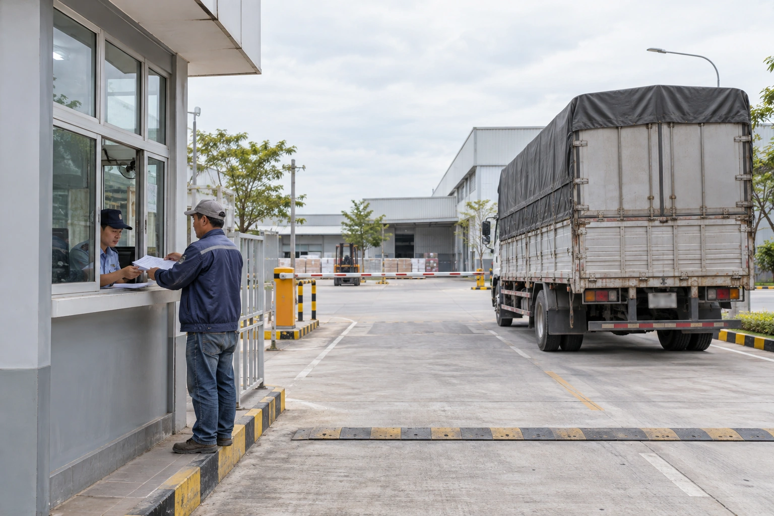 Tài xế xe tải thùng bạt làm thủ tục nhận hàng tại phòng bảo vệ cổng nhà máy