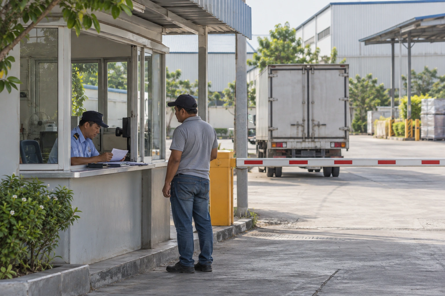 Nhân viên bảo vệ kiểm tra giấy tờ tại cổng khi xe tải vào nhận hàng, tuyến vận chuyển hàng Thanh Hóa KCN VSIP Hà Tĩnh
