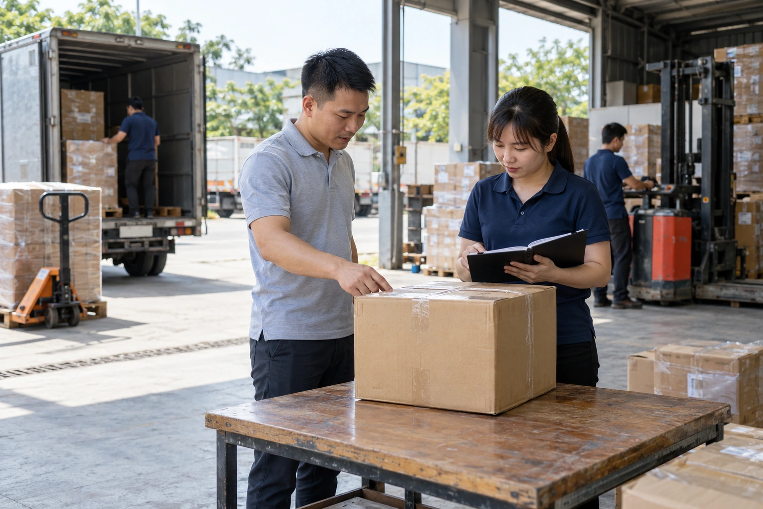 Hai nhân viên kiểm tra thùng hàng trên bàn trước khi xếp lên xe tải