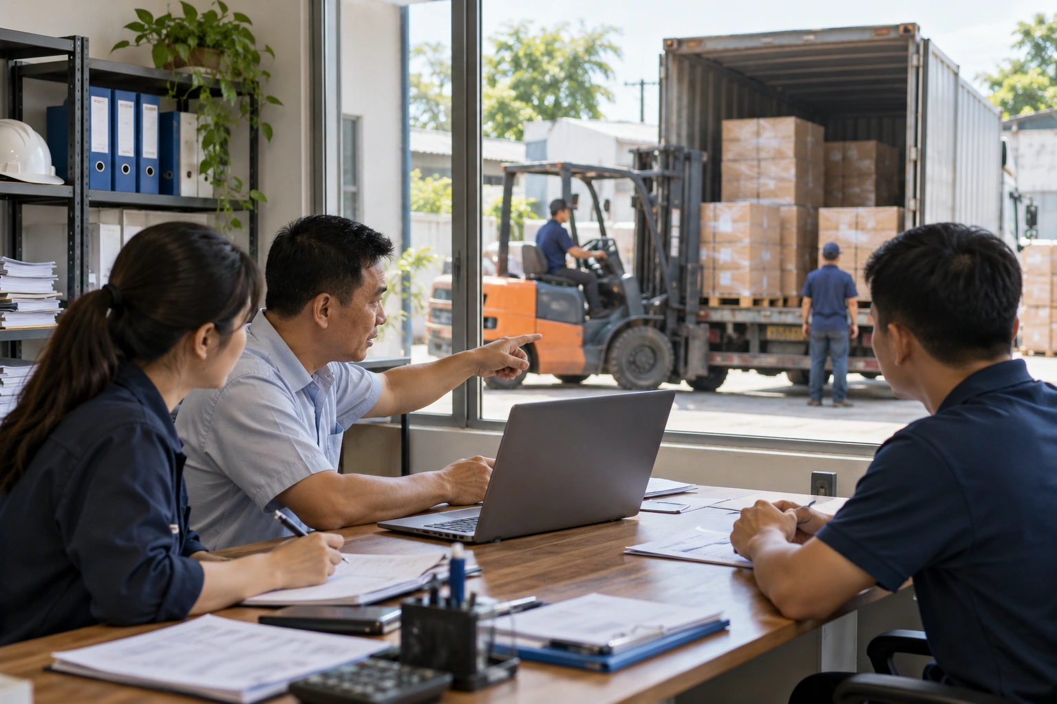 Nhóm nhân viên trao đổi thông tin lô hàng và báo giá bao xe bên bàn làm việc