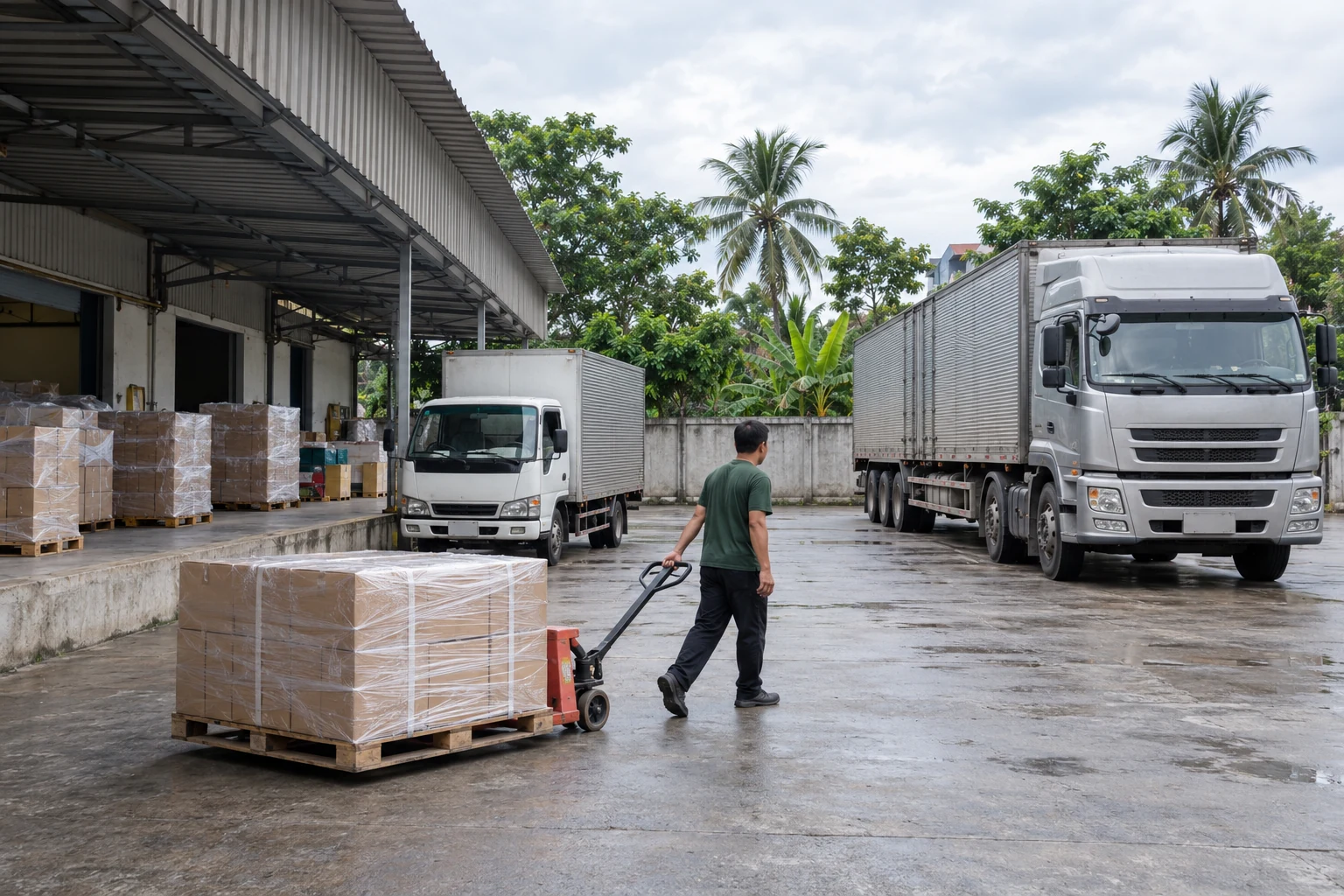 Hàng kê pallet tại điểm tập kết trước khi lên xe tải