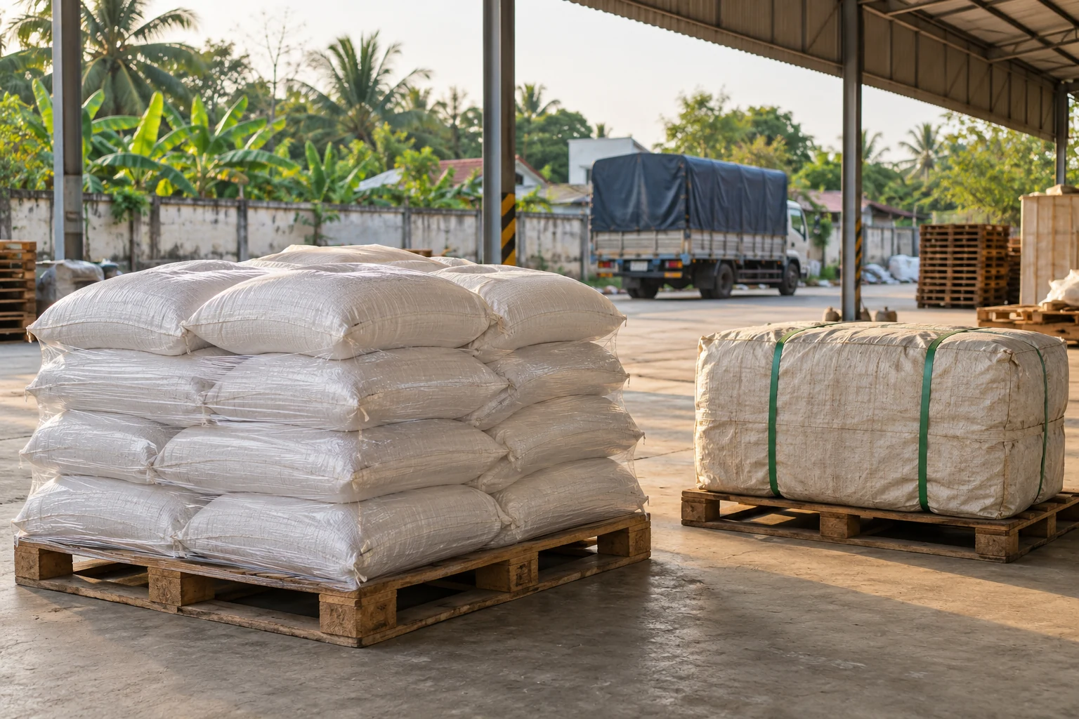 Hàng đóng bao xếp trên pallet, minh họa vận chuyển nguyên phụ liệu Hà Nội Hà Tĩnh