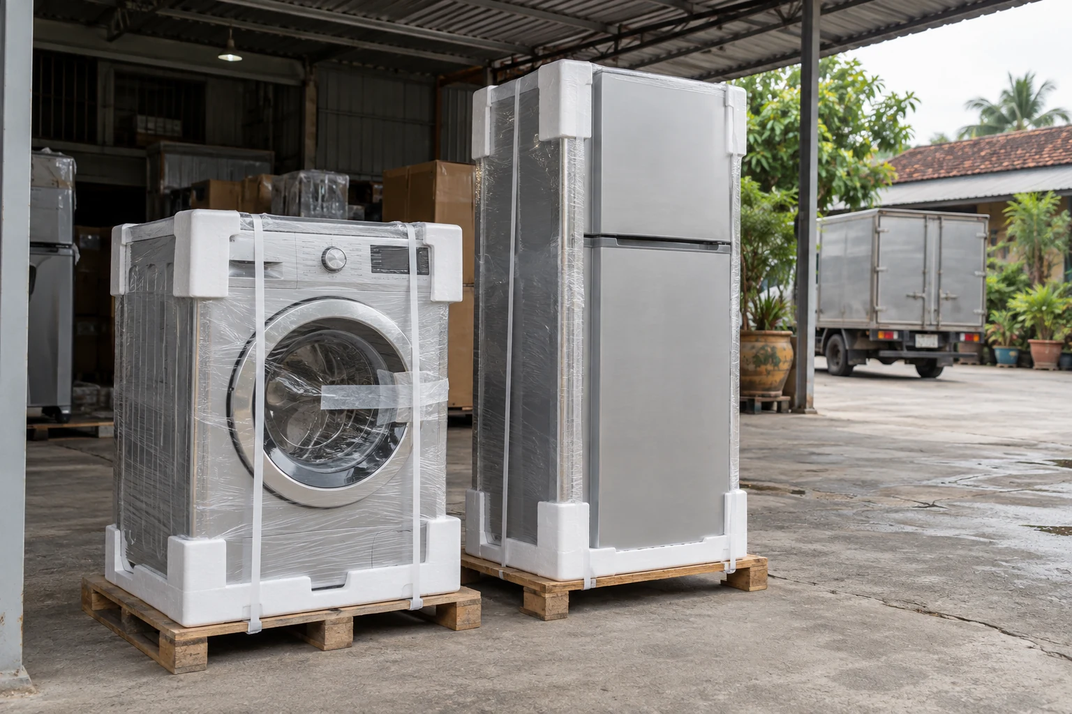 Lô hàng gia dụng xếp pallet chuẩn bị giao, minh họa vận chuyển hàng siêu thị Hà Tĩnh từ Nghệ An