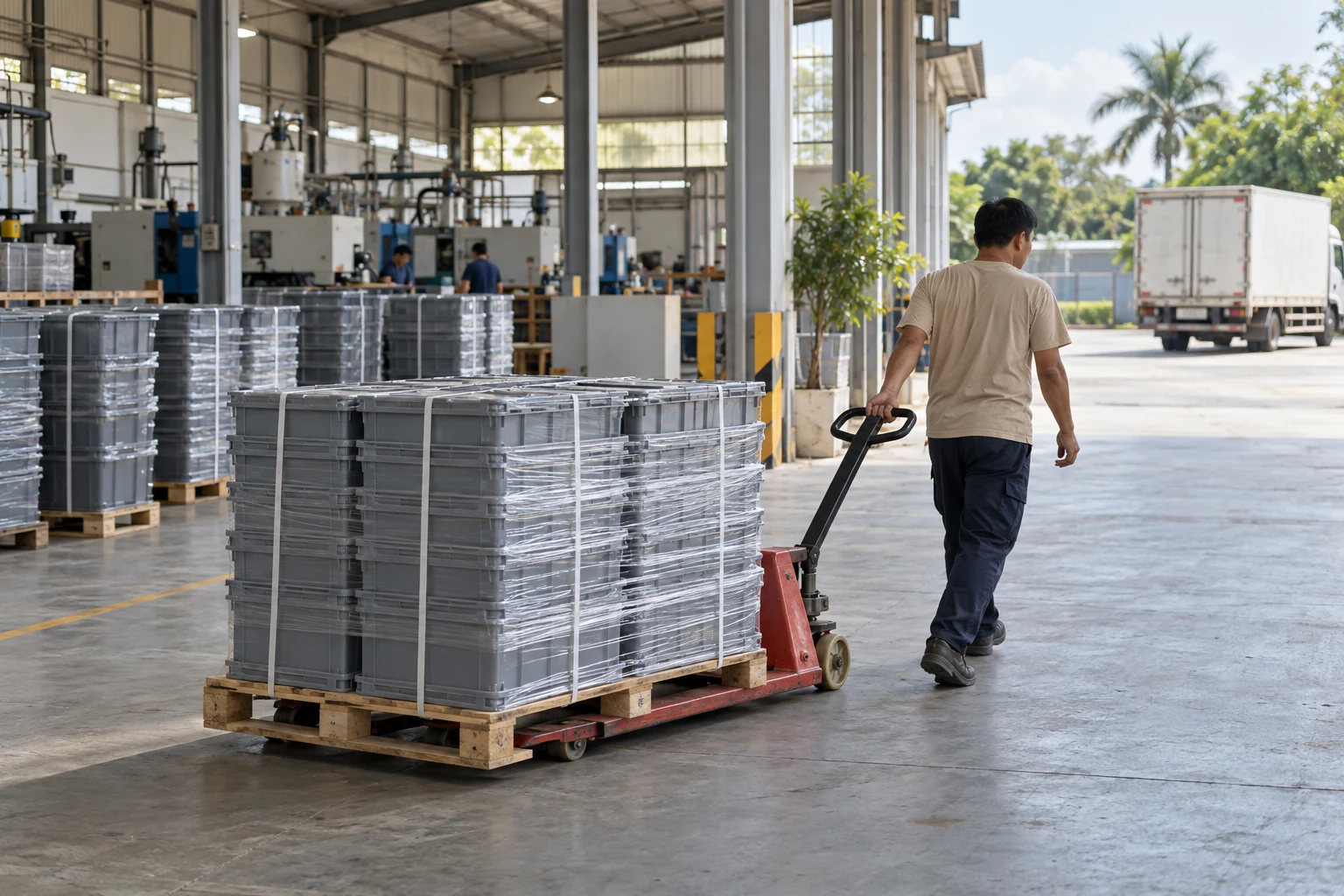 Pallet hàng sản xuất xếp trong kho chờ lên xe, minh họa vận chuyển hàng định kỳ doanh nghiệp Hà Nội Hà Tĩnh