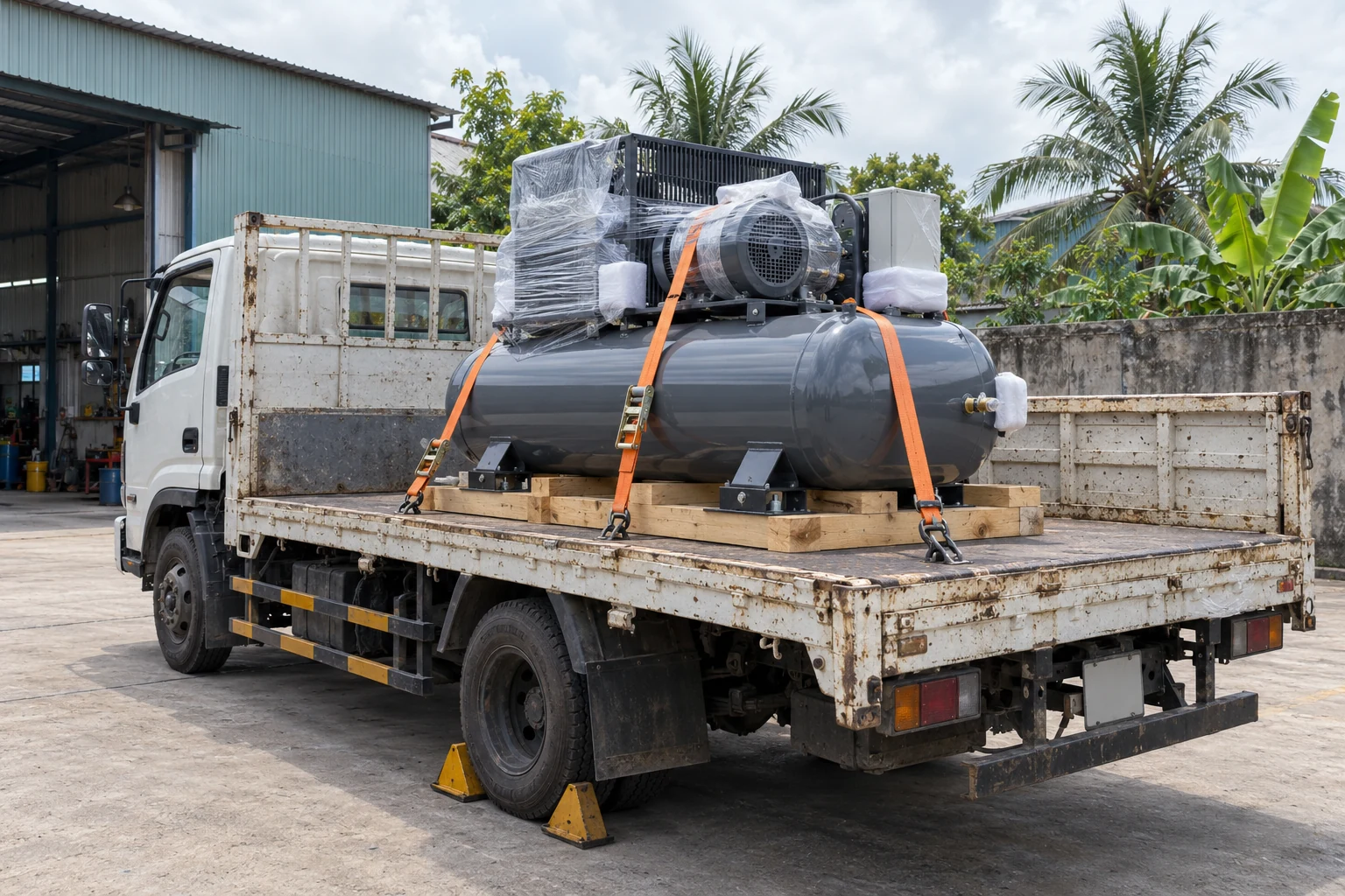 Máy công nghiệp được chằng dây cố định trên xe tải thùng thấp, minh họa chuẩn bị hàng quá khổ quá tải