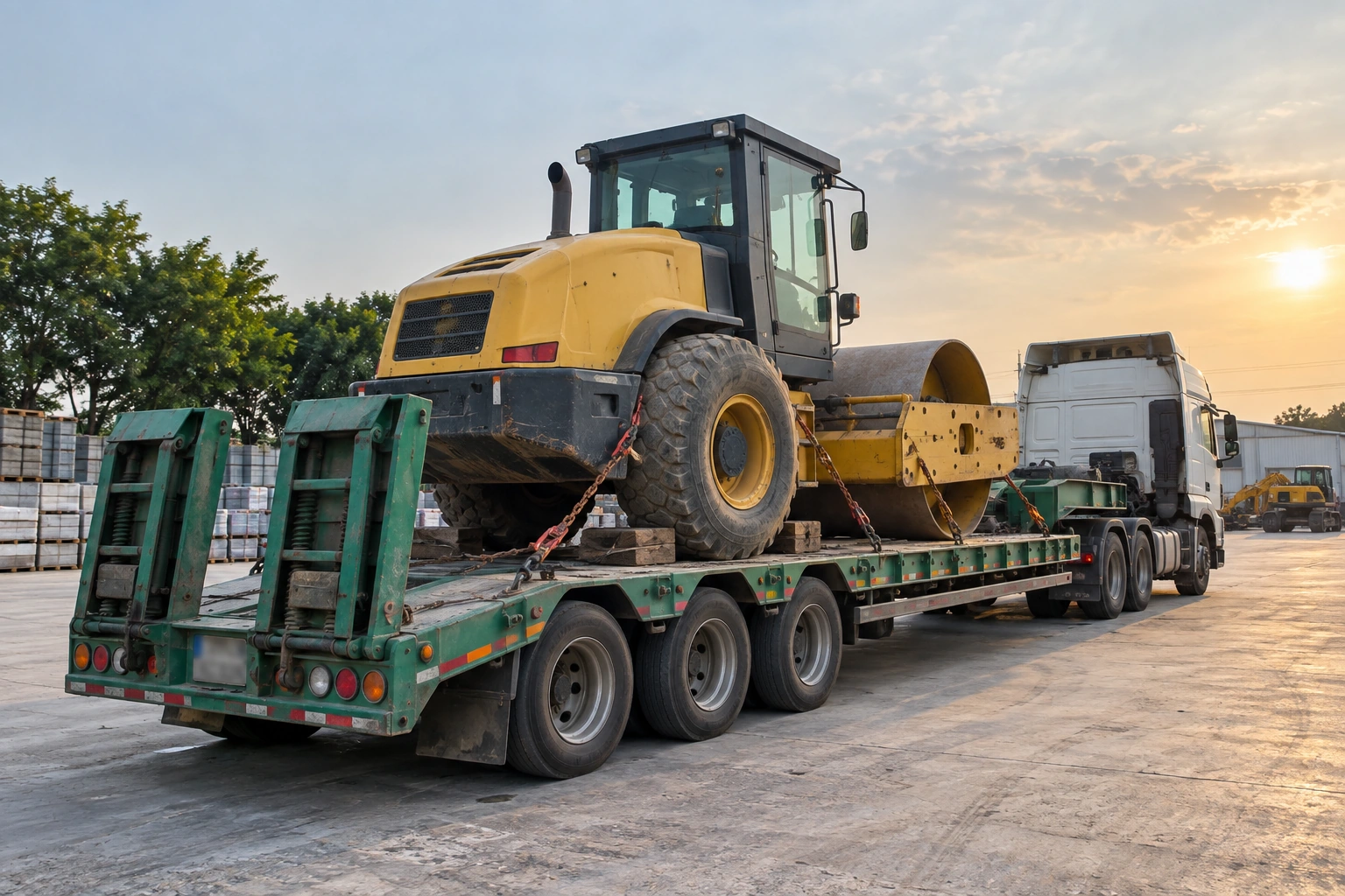 Xe sàn chở máy công trình đã cố định trên thùng xe