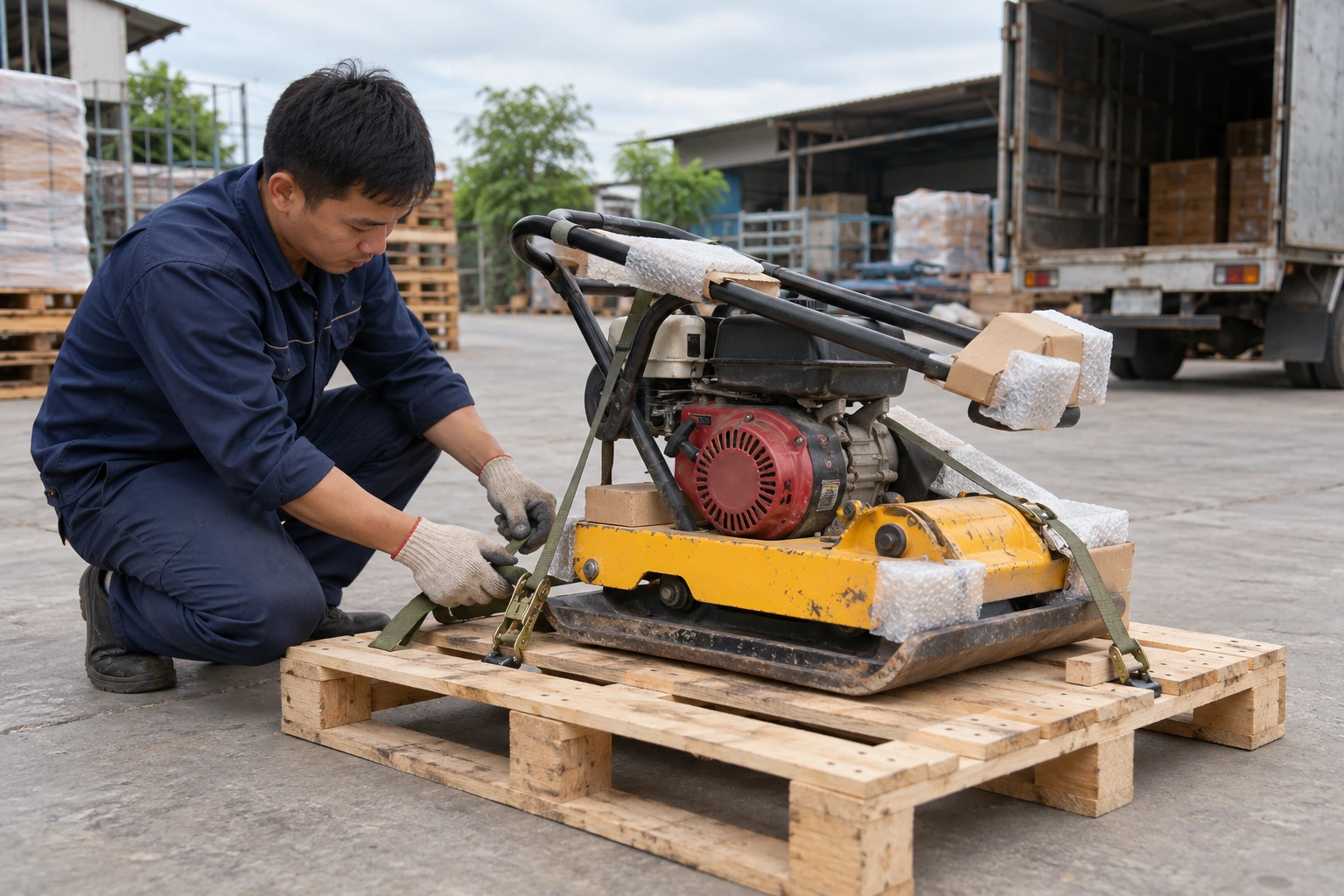 Thiết bị công trình cỡ nhỏ được đặt trên pallet gỗ trước khi lên xe