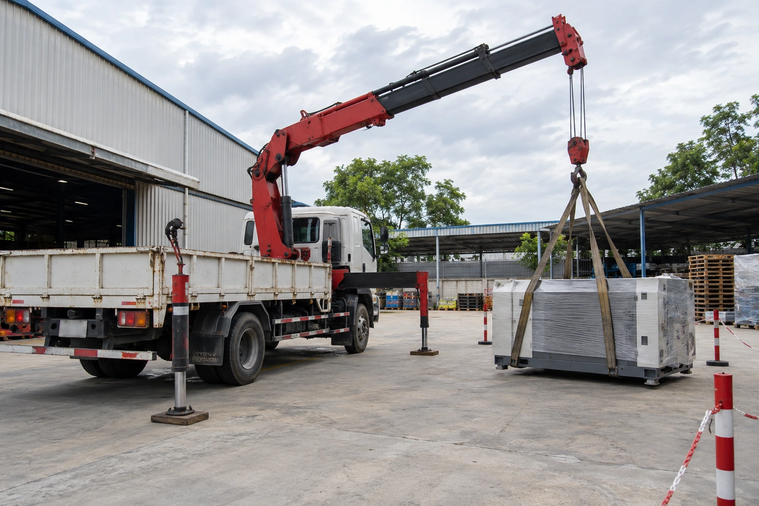 Xe tải nâng thiết bị lớn bằng cẩu tại bãi, minh họa vận chuyển hàng quá khổ quá tải Nghệ An Hà Tĩnh