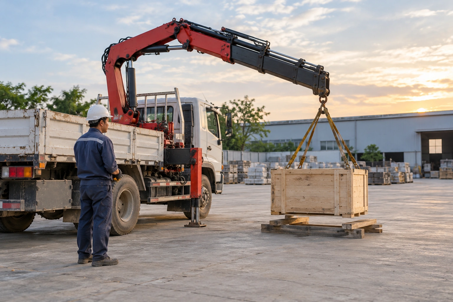 Xe tải có cẩu nâng kiện hàng gỗ xuống đất trong khu xưởng