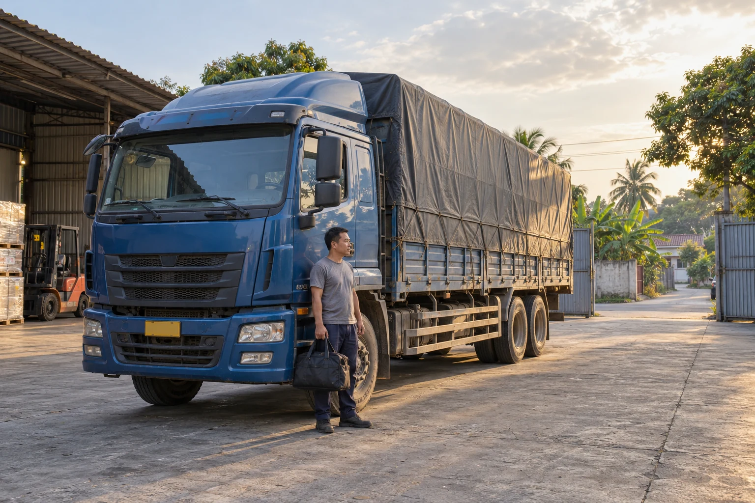 Xe tải thùng bạt dừng bên đường chuẩn bị chạy tuyến dài