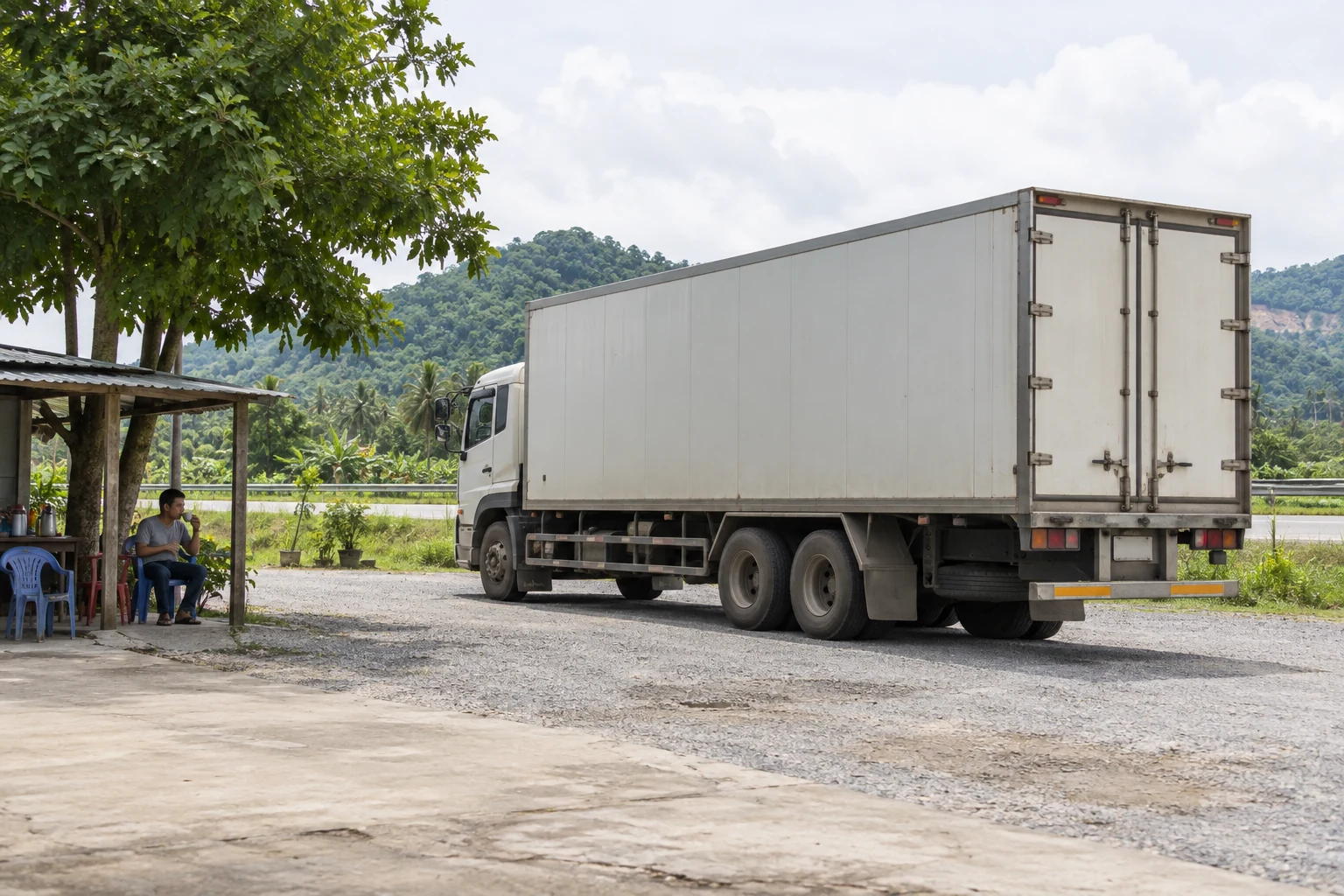 Xe tải đường dài dừng nghỉ bên đường quê