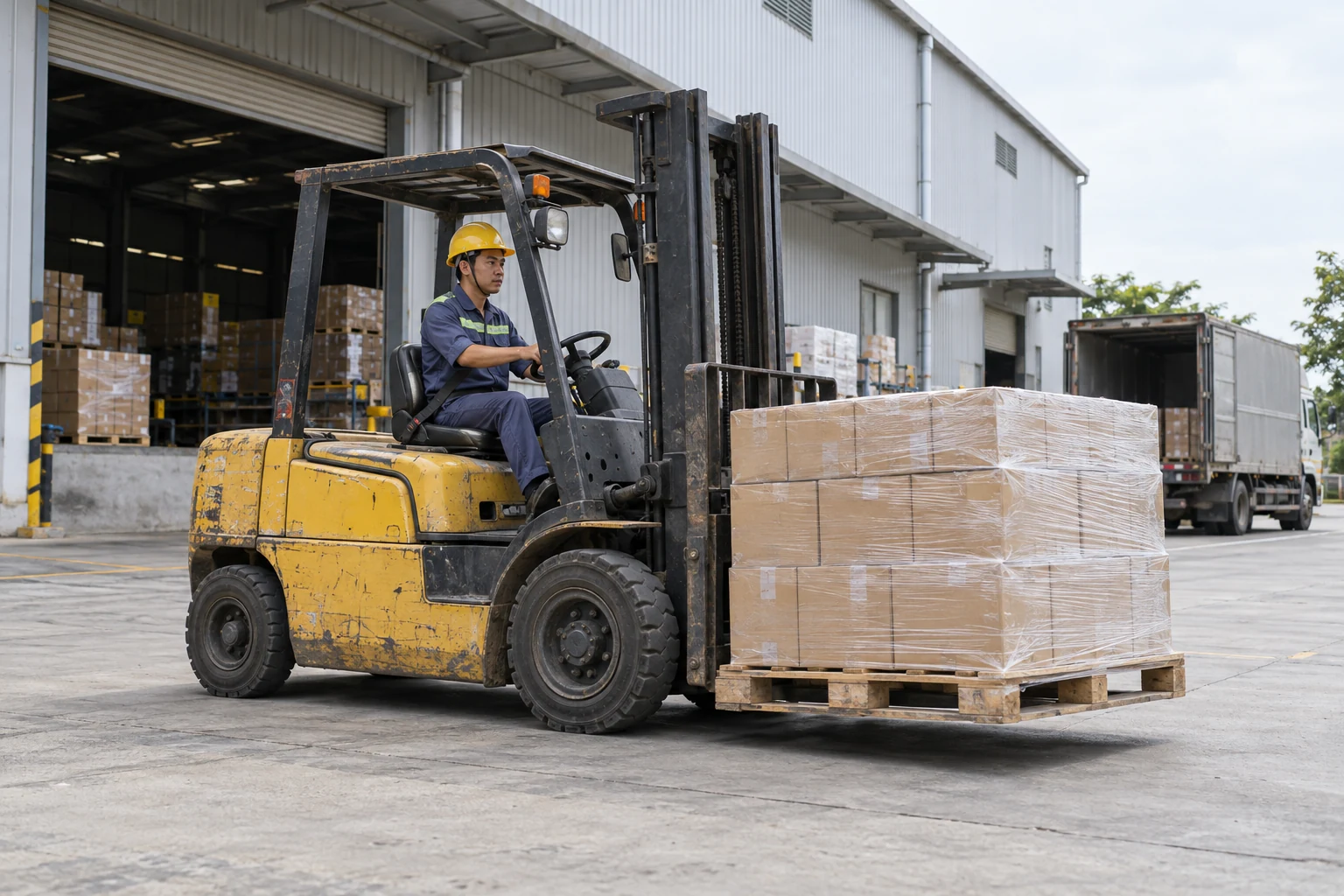 Xe nâng đưa pallet hàng hóa lên xe tải trong kho