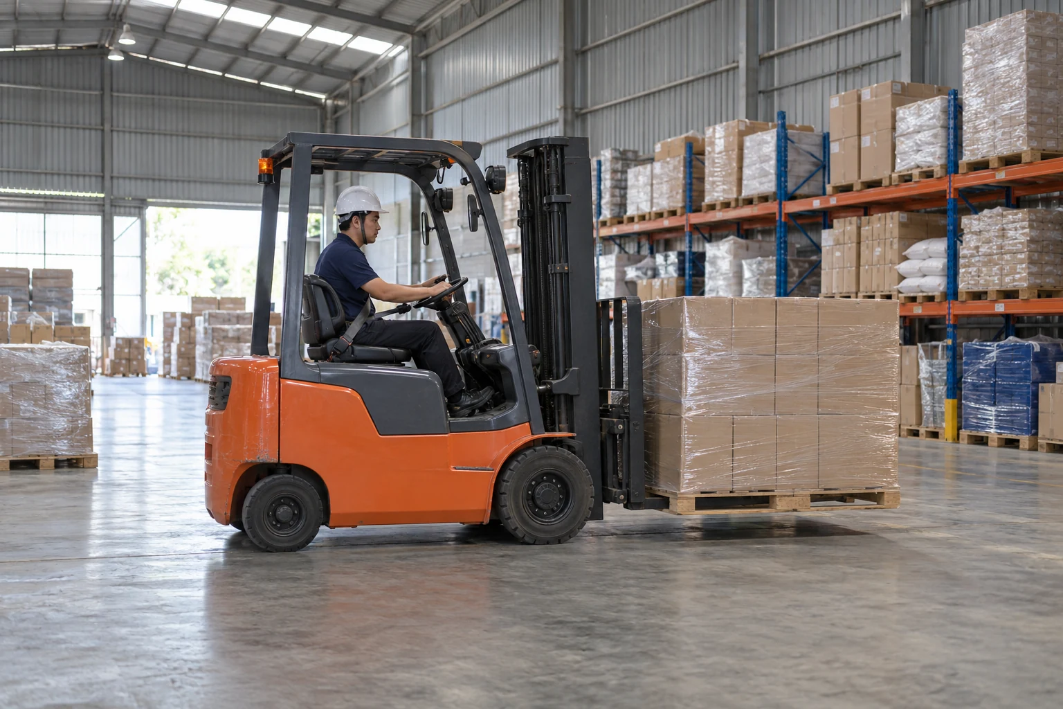 Xe nâng hạ pallet trong kho, minh họa phụ phí vận chuyển hàng hóa khi cần bốc xếp