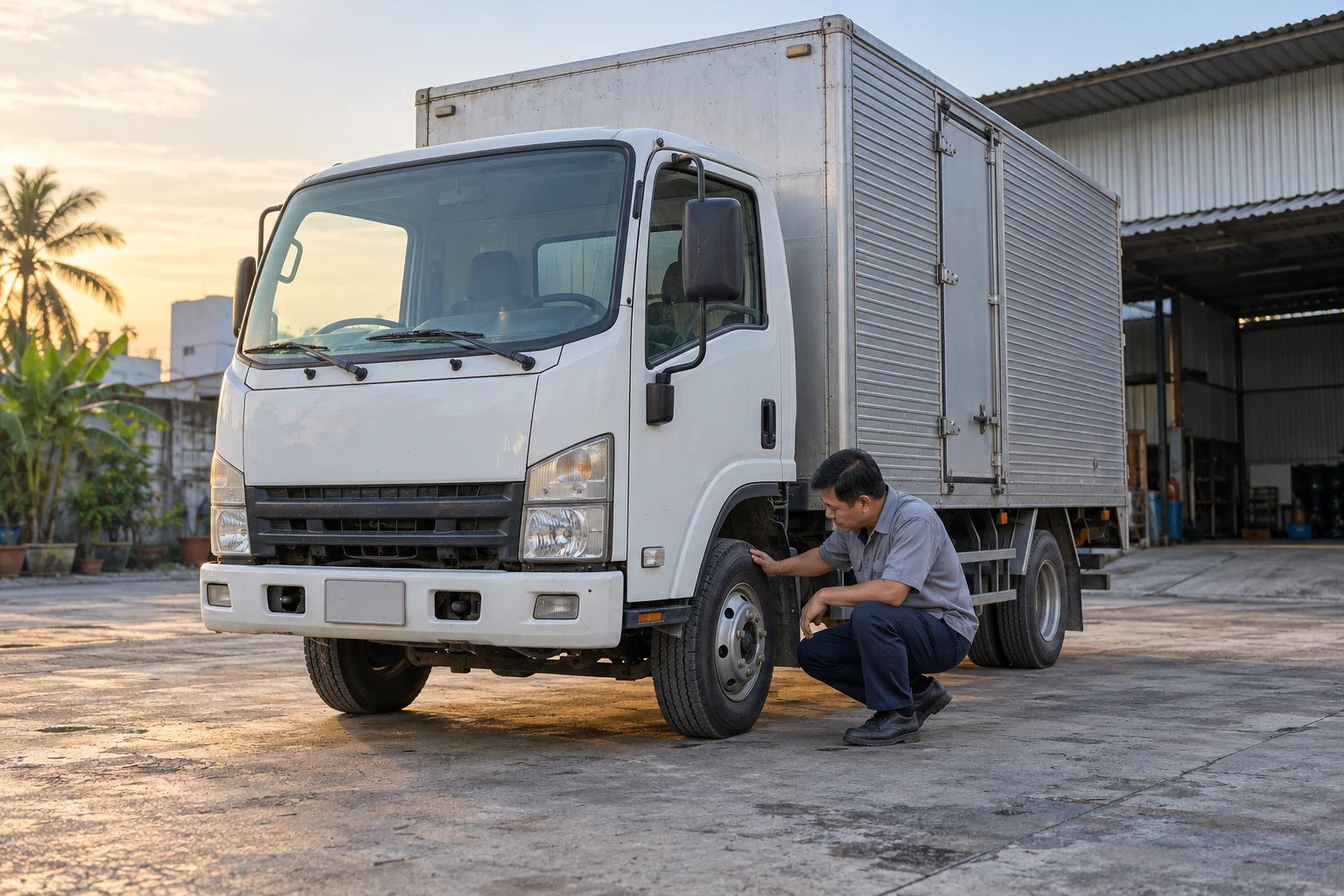 Tài xế kiểm tra xe tải trước khi xuất phát chuyến đi dài
