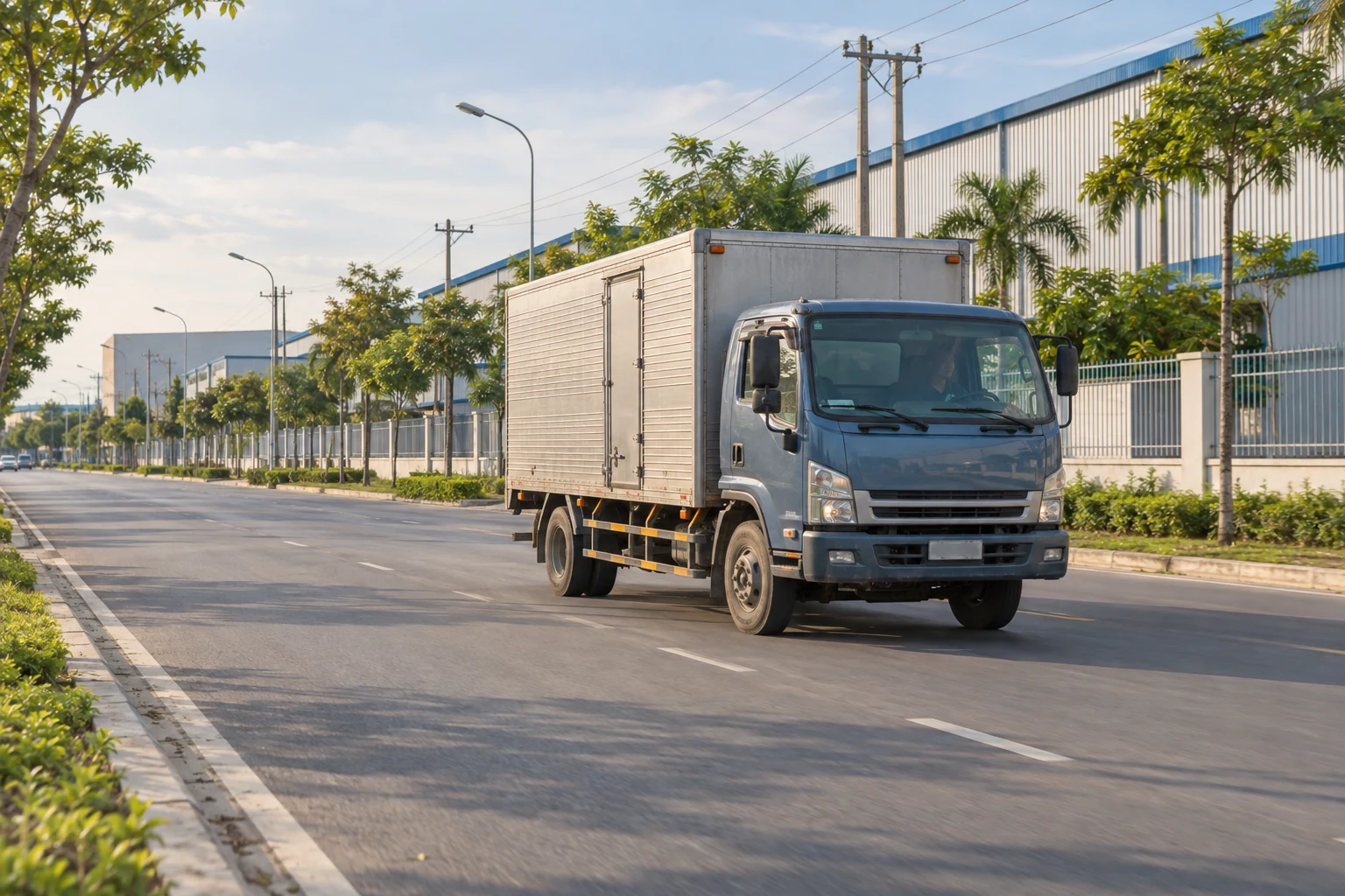 Xe tải thùng kín chạy trên đường nhựa thẳng trong khu công nghiệp