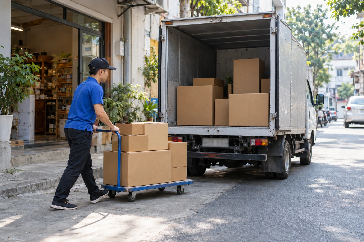 Nhân viên giao hàng đẩy xe kéo chở thùng carton từ xe tải nhỏ vào cửa hàng