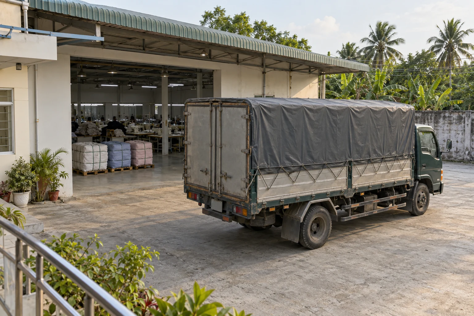 Xe tải thùng bạt đỗ trước cơ sở sản xuất để vận chuyển hàng nhà máy Hải Phòng Hà Tĩnh