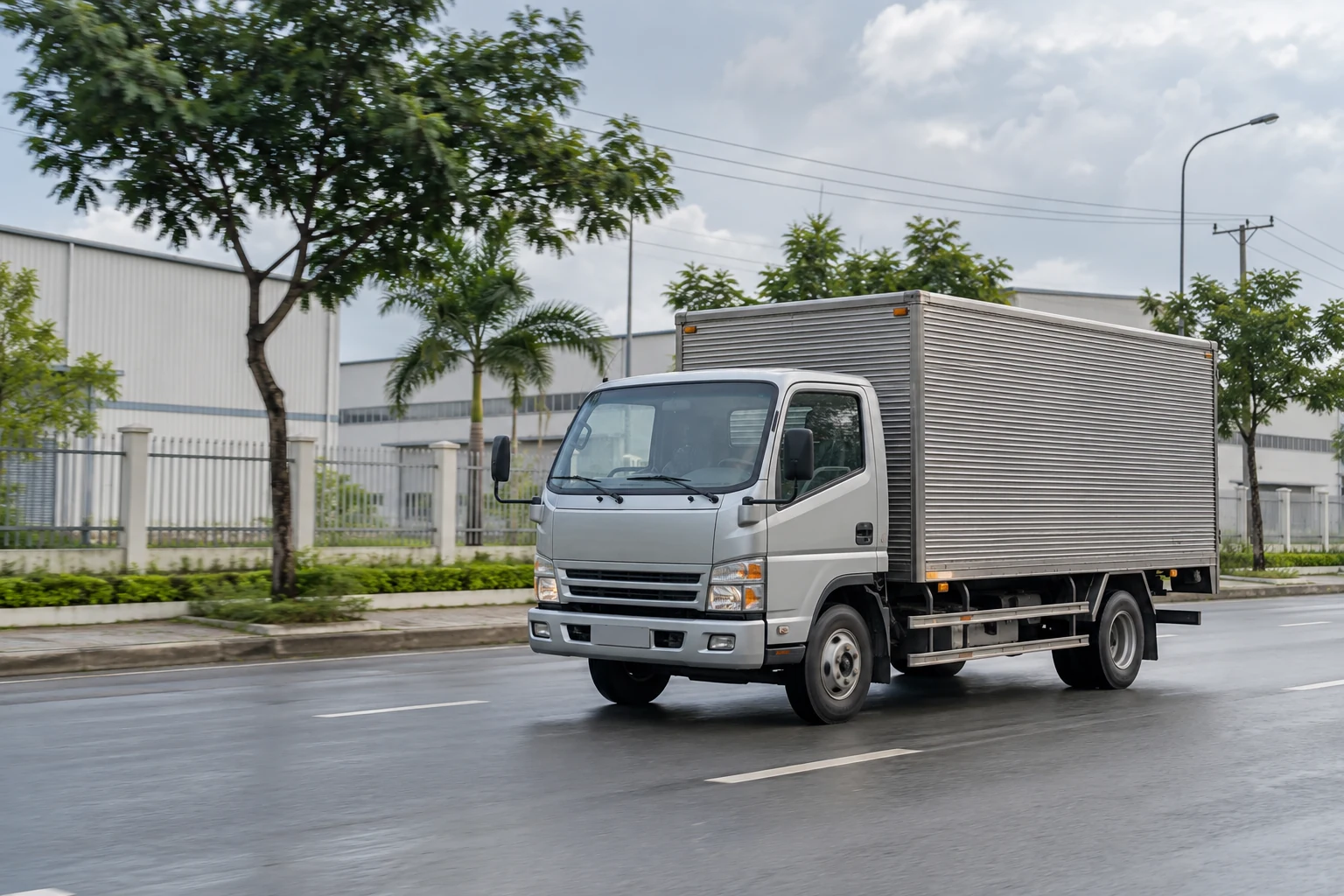 Xe tải thùng kín chạy trên đường, minh họa giao hàng VinFast Vũng Áng từ Hải Phòng