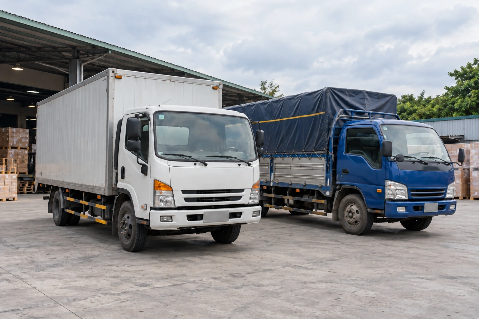 Xe tải thùng kín và xe thùng bạt đỗ cạnh nhau, minh họa bao xe Hưng Yên Hà Tĩnh